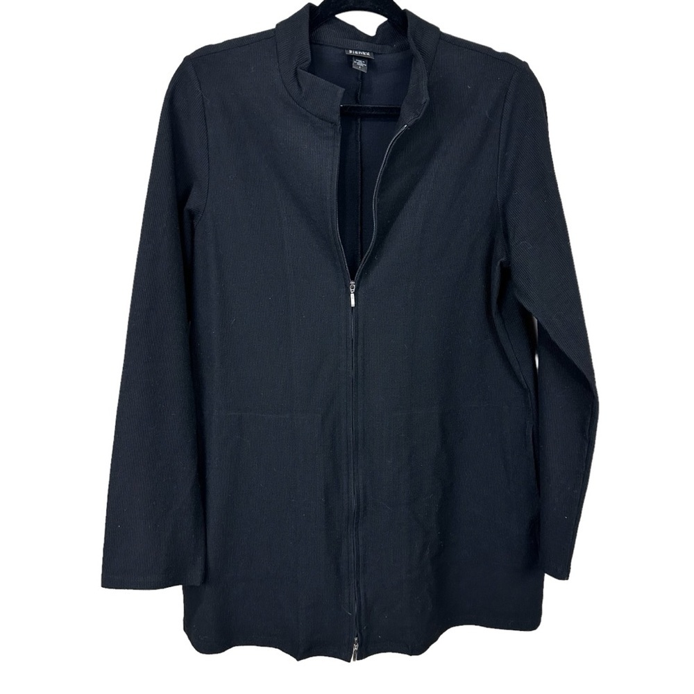 Eileen Fisher Black Long Line Zip Up Ribbed Knit Jacket Size Large